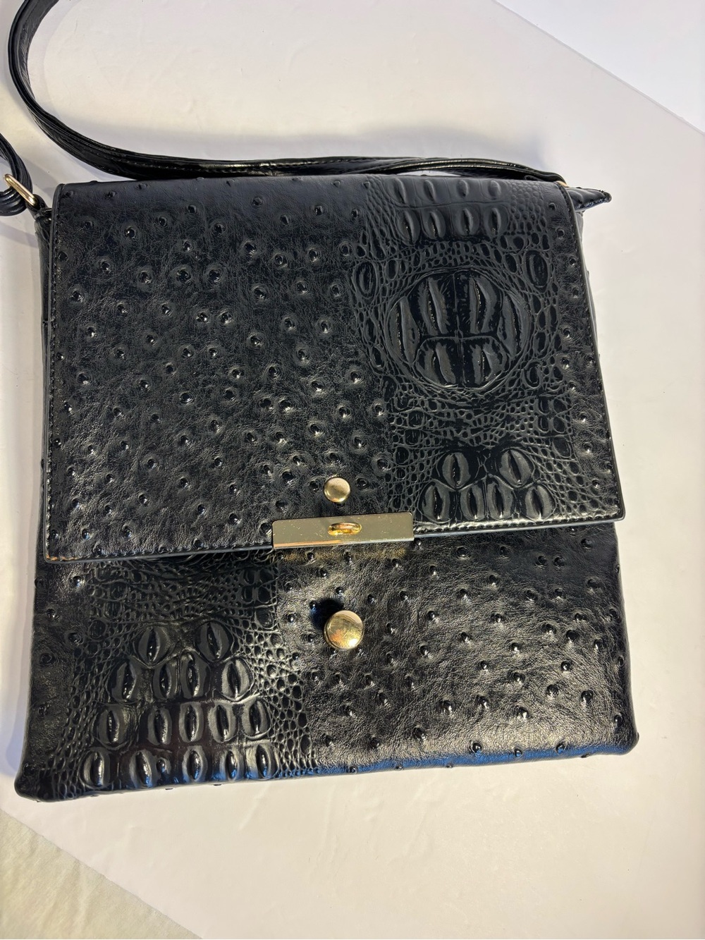 Vintage Black Faux-Ostrich, Alligator Crossbody Bag with Gold Hardware